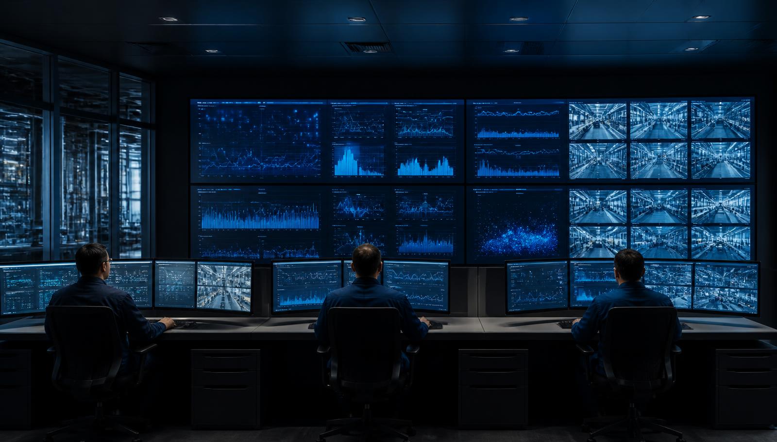 Sala de controle industrial com operadores acompanhando telemetria e câmeras da planta