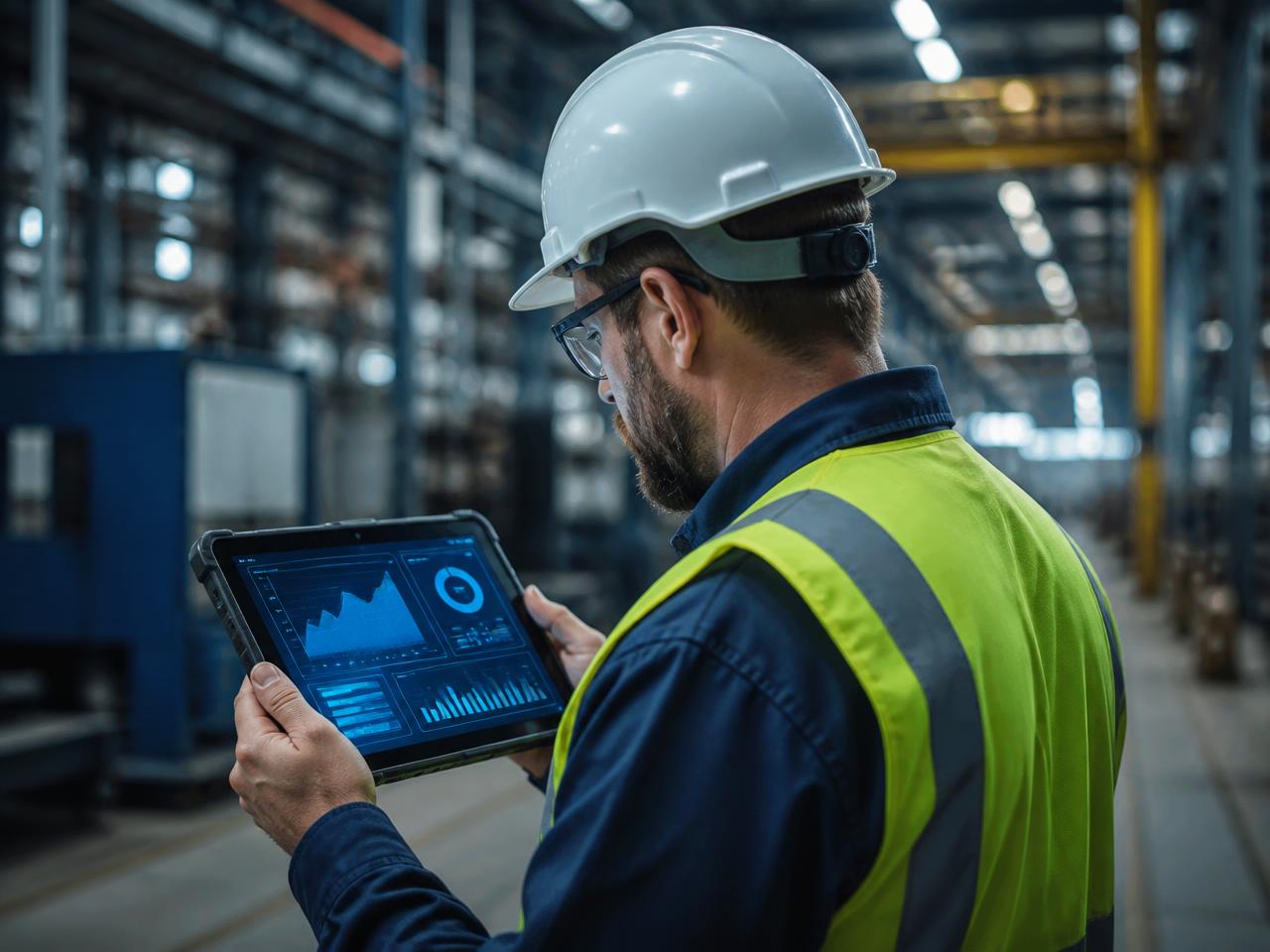 Técnico acompanhando indicadores da operação em tablet na planta