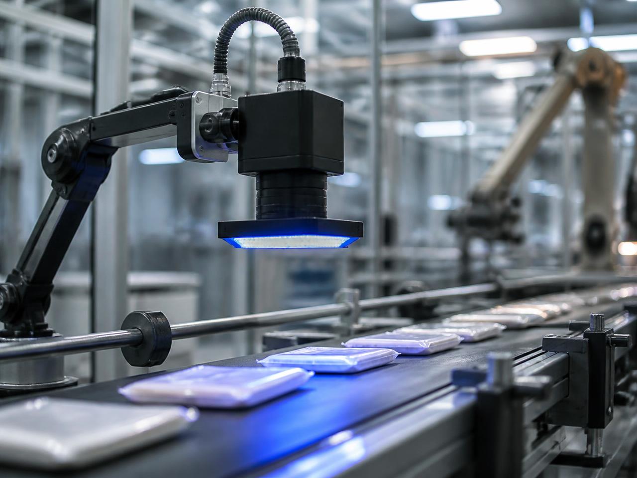 Câmera de visão computacional inspecionando produtos em esteira